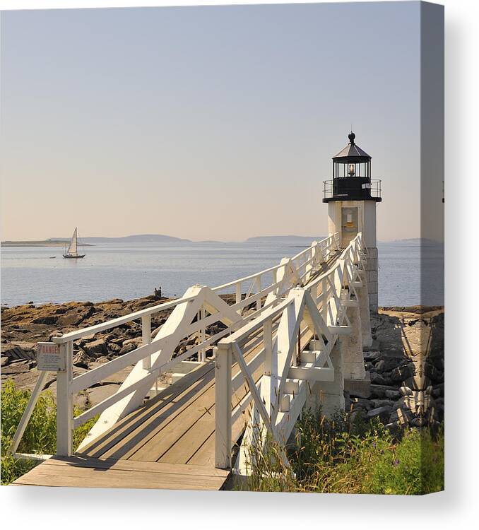 Maine Canvas Print featuring the photograph Marshall Point Lighthouse Port Clyde Maine with sailboat by Marianne Campolongo