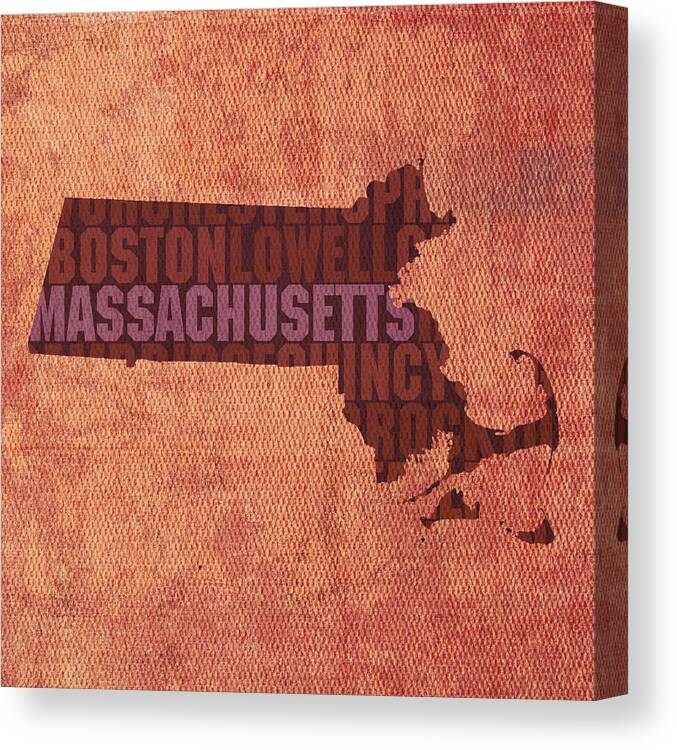Massachusetts Word Art State Map On Canvas Canvas Print featuring the mixed media Massachusetts Word Art State Map on Canvas by Design Turnpike