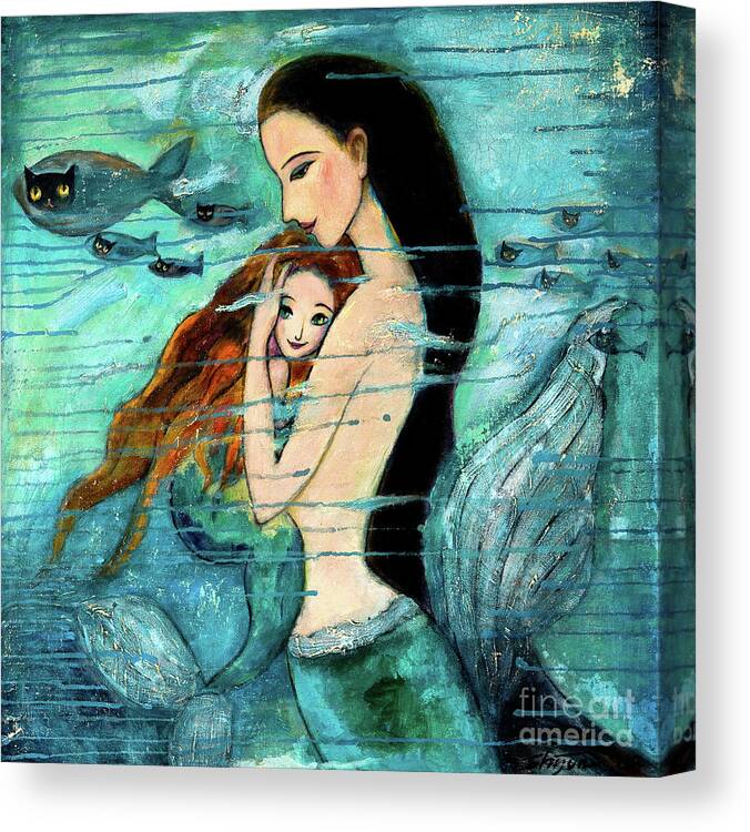 Mermaid Art Canvas Print featuring the painting Mermaid Mother and Child by Shijun Munns