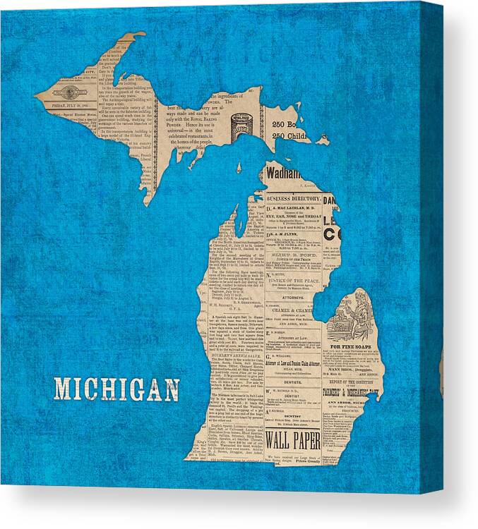 Michigan Canvas Print featuring the mixed media Michigan Map Made of Vintage Newspaper Clippings on Blue Canvas by Design Turnpike