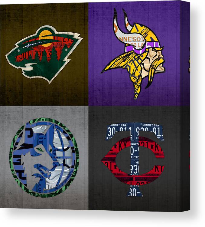 Minneapolis Canvas Print featuring the mixed media Minneapolis Sports Fan Recycled Vintage Minnesota License Plate Art Wild Vikings Timberwolves Twins by Design Turnpike