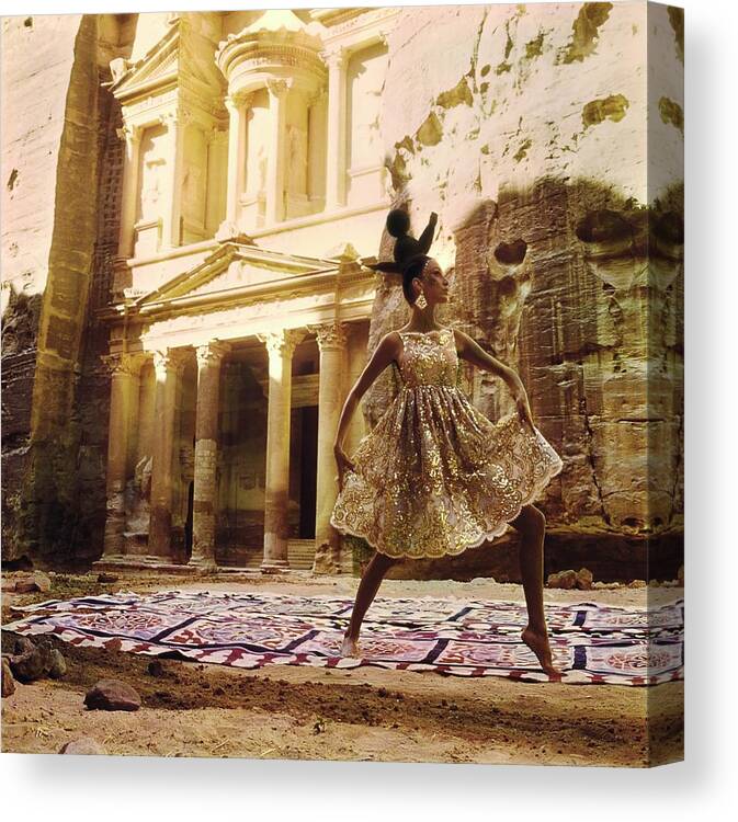 Fashion Canvas Print featuring the photograph Model Wearing A Gilded Dress by Henry Clarke