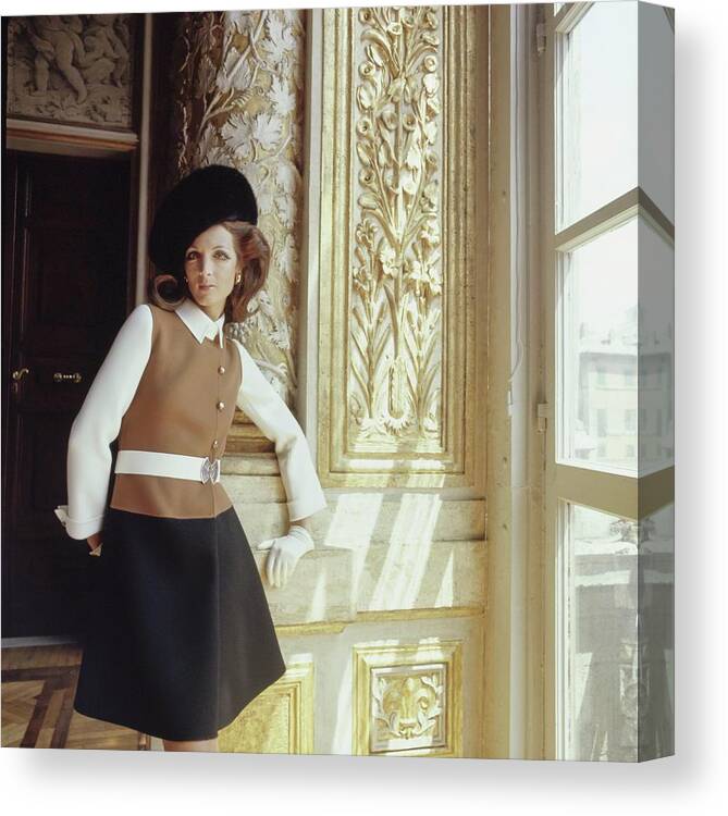 Fashion Canvas Print featuring the photograph Model Wearing Mila Schon Coat Dress by Henry Clarke
