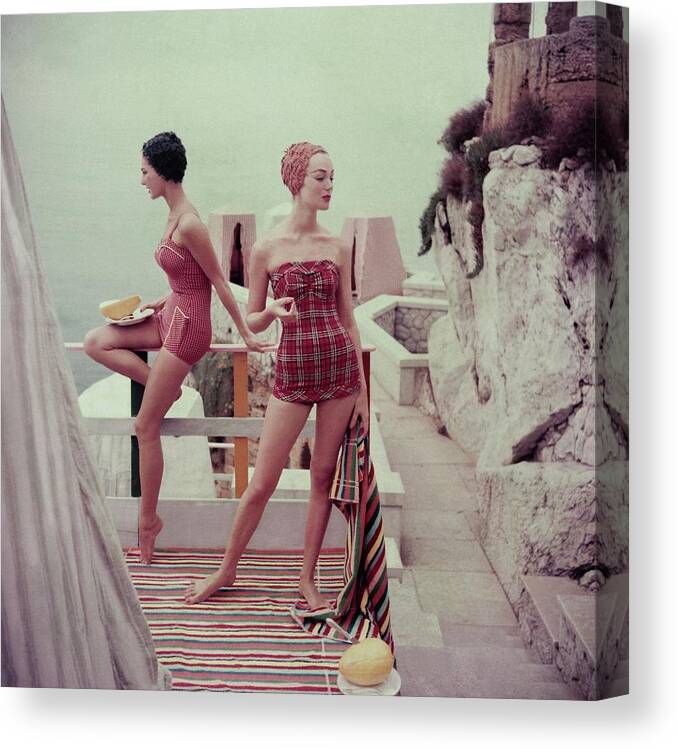 Fashion Canvas Print featuring the photograph Models Wearing Bathing Suits In Palermo by Henry Clarke
