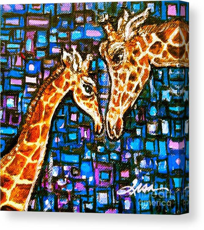 Giraffe Canvas Print featuring the painting Mother Child Giraffe by Lisa Owen