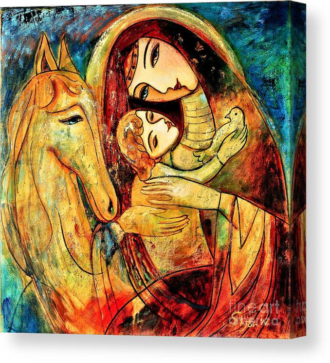 Mother And Child Canvas Print featuring the painting Mother with Child on horse by Shijun Munns