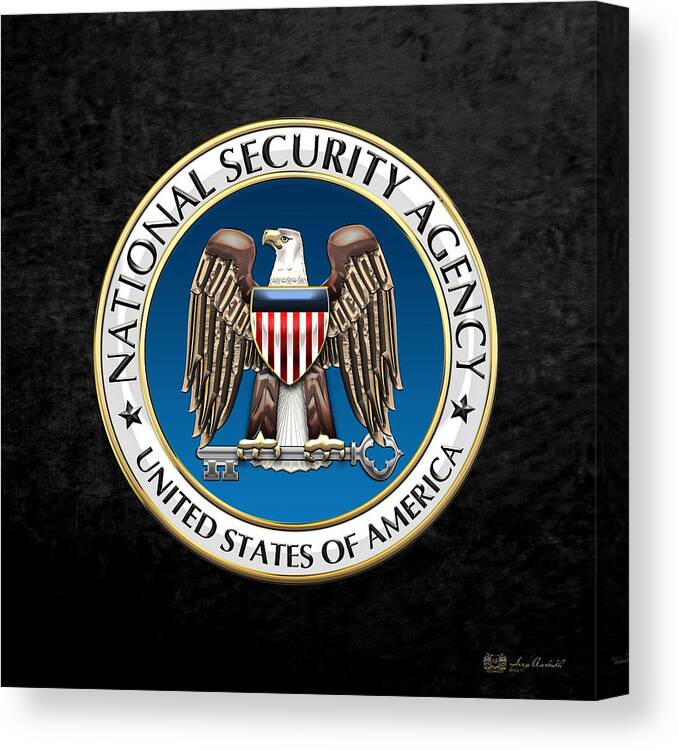 'military Insignia & Heraldry 3d' Collection By Serge Averbukh Canvas Print featuring the digital art National Security Agency - N S A Emblem on Black Velvet by Serge Averbukh