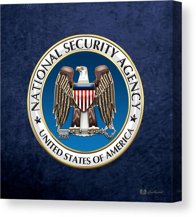 'military Insignia & Heraldry 3d' Collection By Serge Averbukh Canvas Print featuring the digital art National Security Agency - N S A Emblem on Blue Velvet by Serge Averbukh