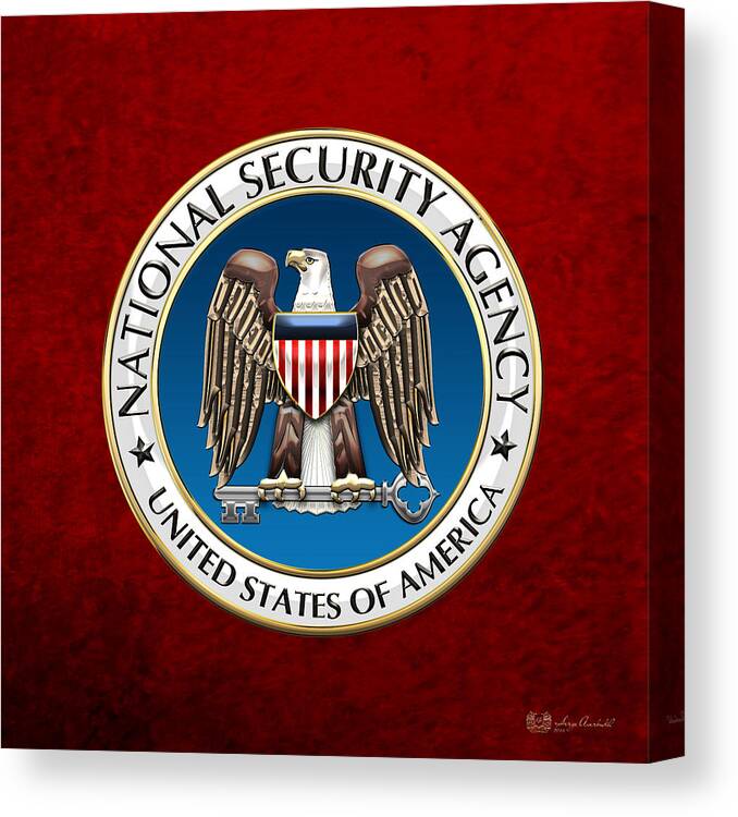 'military Insignia & Heraldry 3d' Collection By Serge Averbukh Canvas Print featuring the digital art National Security Agency - N S A Emblem on Red Velvet by Serge Averbukh