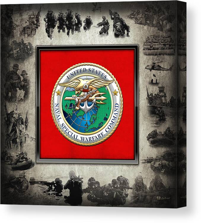 'military Insignia & Heraldry - Nswc' Collection By Serge Averbukh Canvas Print featuring the digital art Naval Special Warfare Command - N S W C - Emblem over Navy SEALs Collage by Serge Averbukh
