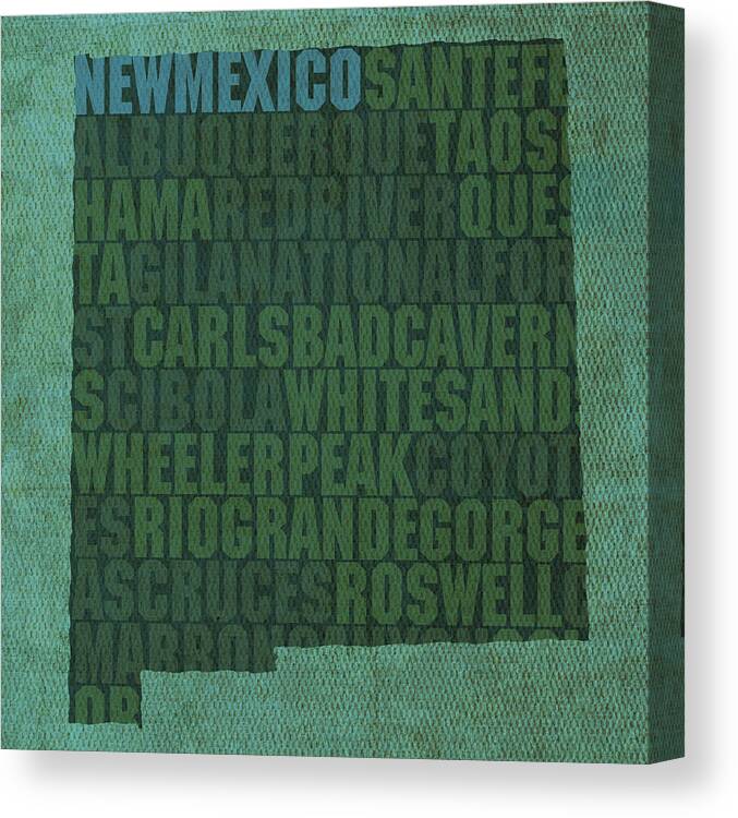 New Mexico Word Art State Map On Canvas Carlsbad Caverns Albuquerque Las Cruces Taos Sante Fe Canvas Print featuring the mixed media New Mexico Word Art State Map on Canvas by Design Turnpike