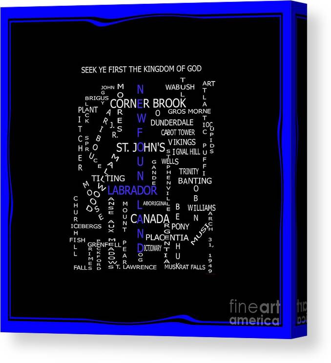 Newfoundland Crosswords Duvet Blue Border Canvas Print featuring the digital art Newfoundland Crosswords Duvet Blue Border by Barbara A Griffin