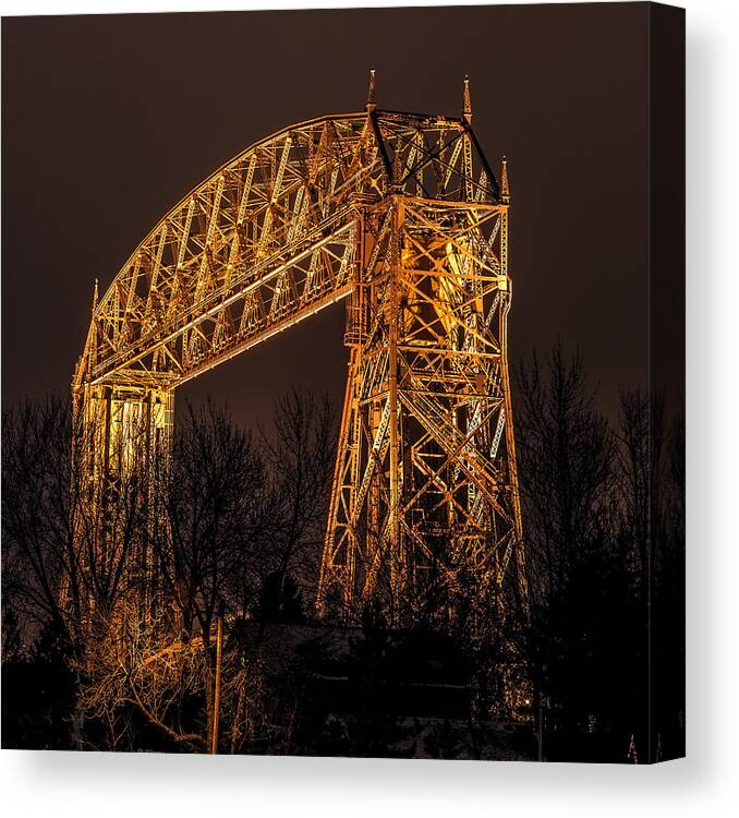 Aerial Canvas Print featuring the photograph Night At Duluth Aerial Lift Bridge by Paul Freidlund