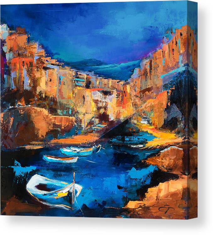 Cinque Terre Canvas Print featuring the painting Night Colors Over Riomaggiore - Cinque Terre by Elise Palmigiani