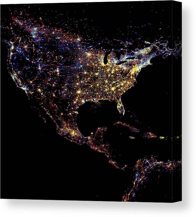 Central America Canvas Print featuring the photograph North America At Night by Noaa/science Photo Library