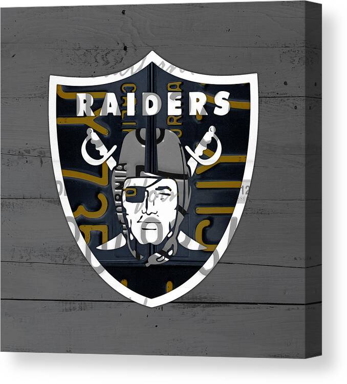 Oakland Canvas Print featuring the mixed media Oakland Raiders Football Team Retro Logo California License Plate Art by Design Turnpike