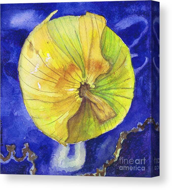 Onion Canvas Print featuring the painting Onion on Blue Tile by Susan Herbst