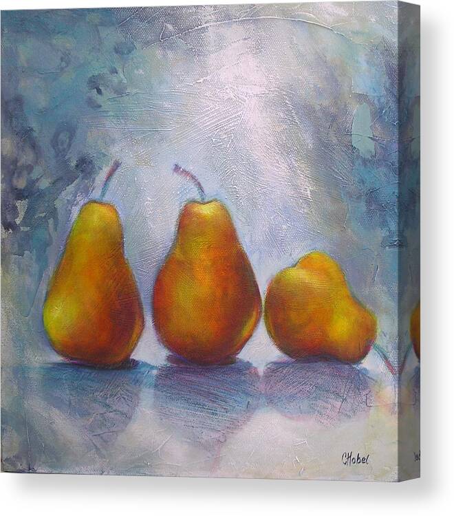 Pears Canvas Print featuring the painting Pears On Blue Original Acrylic Painting by Chris Hobel
