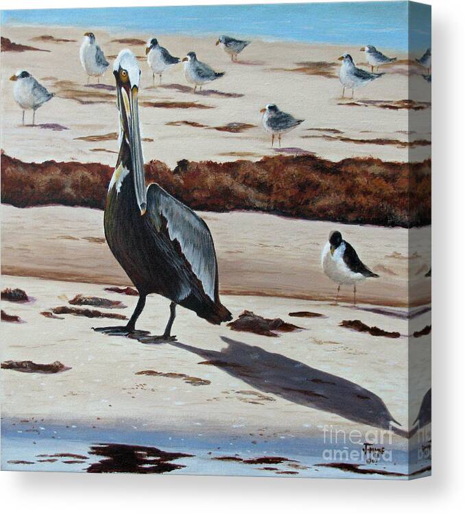 Pelican Canvas Print featuring the painting Pelican Beach by Jimmie Bartlett