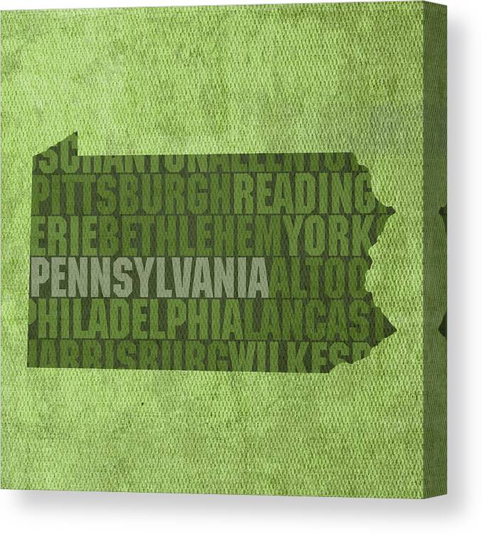 Pennsylvania Word Art State Map On Canvas Canvas Print featuring the mixed media Pennsylvania Word Art State Map on Canvas by Design Turnpike