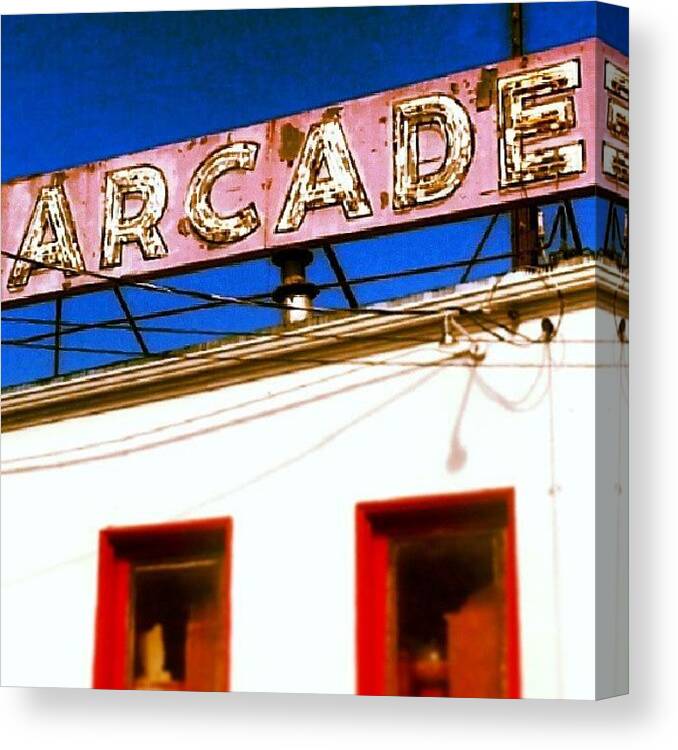Blue Canvas Print featuring the photograph #penny #arcade #sign #windows #red by Niki Crawford