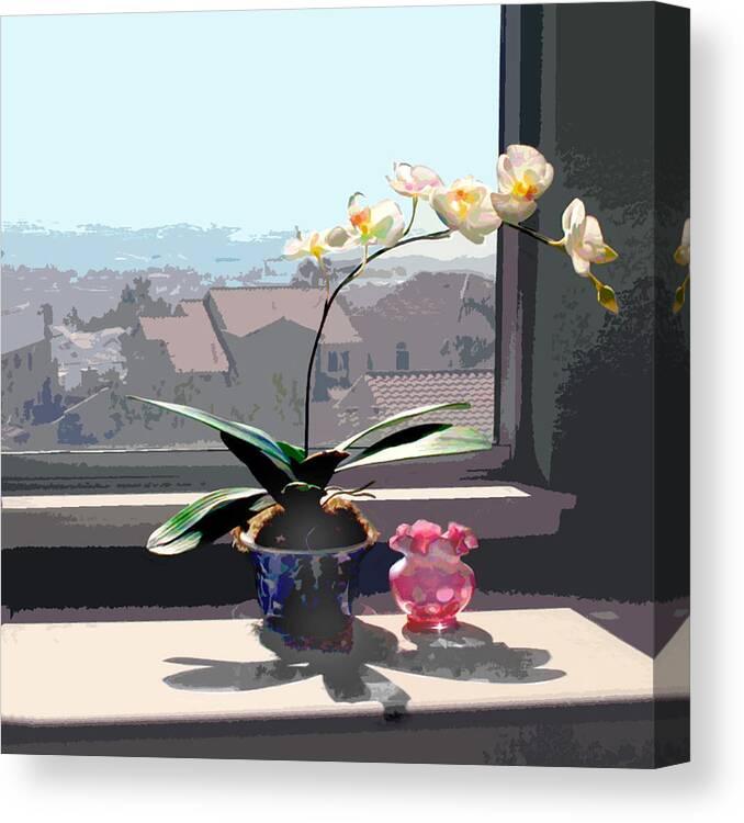 Orchid Canvas Print featuring the painting Phalaenopsis Orchid in Sunny Window by Elaine Plesser