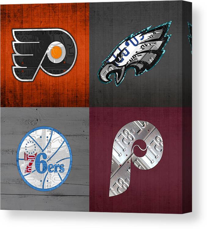 Philadelphia Canvas Print featuring the mixed media Philadelphia Sports Fan Recycled Vintage Pennsylvania License Plate Art Flyers Eagles 76ers Phillies by Design Turnpike