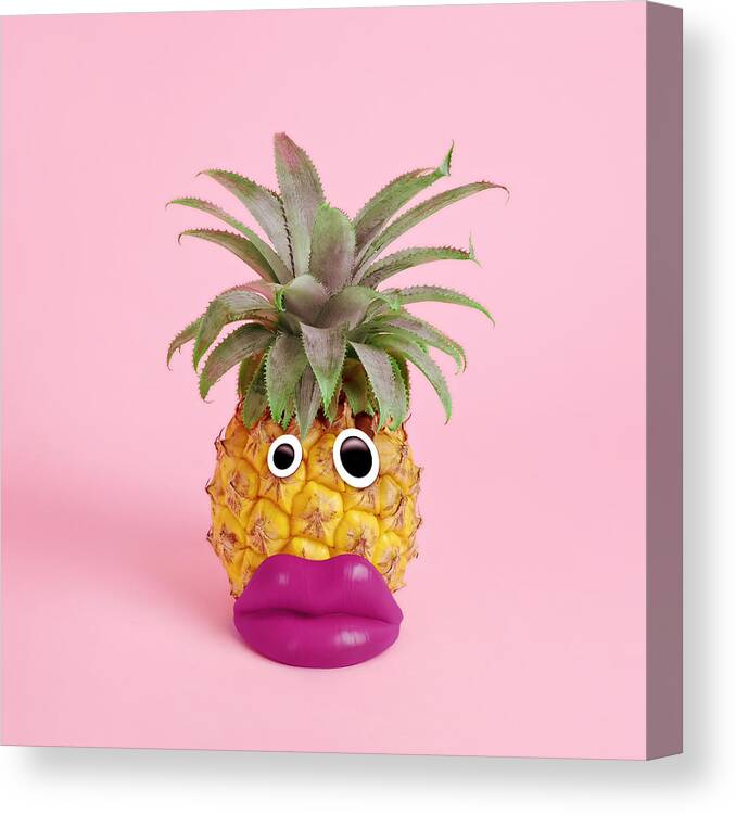 Googly Eyes Canvas Print featuring the photograph Pineapple With Face Made Of Fake Lips by Juj Winn