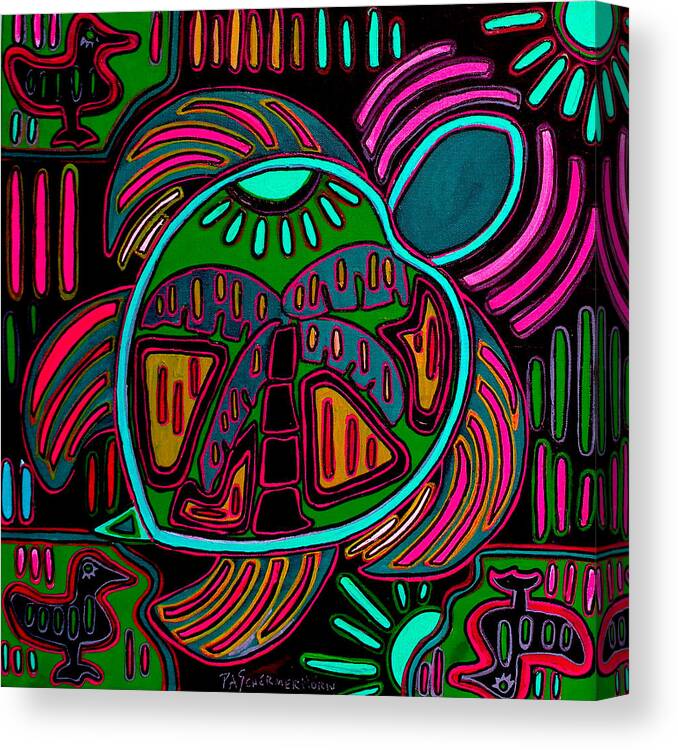 Mola Canvas Print featuring the painting Pink and Green Turtle Palm Mola by Patti Schermerhorn