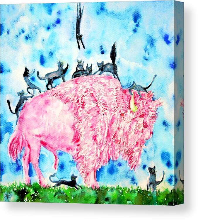 Bison Canvas Print featuring the painting PINK BISON and BLACK CATS by Fabrizio Cassetta