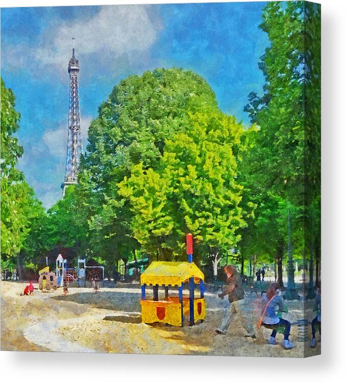 Eiffel Tower Canvas Print featuring the digital art Playground on the Champ de Mars and the Eiffel Tower by Digital Photographic Arts