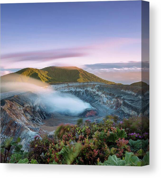 Tranquility Canvas Print featuring the photograph Poas Volcano Crater At Sunset, Costa by Matteo Colombo