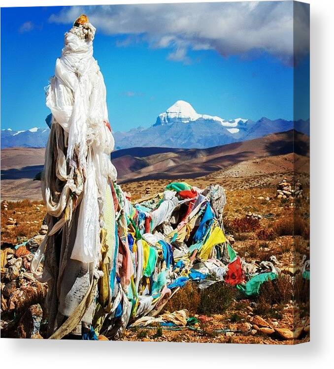 Kailash Canvas Print featuring the photograph Prayer Flags And Mt. Kailash by Hitendra SINKAR