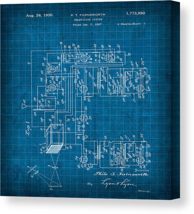 Pt Canvas Print featuring the mixed media PT Farnsworth Television Patent Blueprint 1930 by Design Turnpike