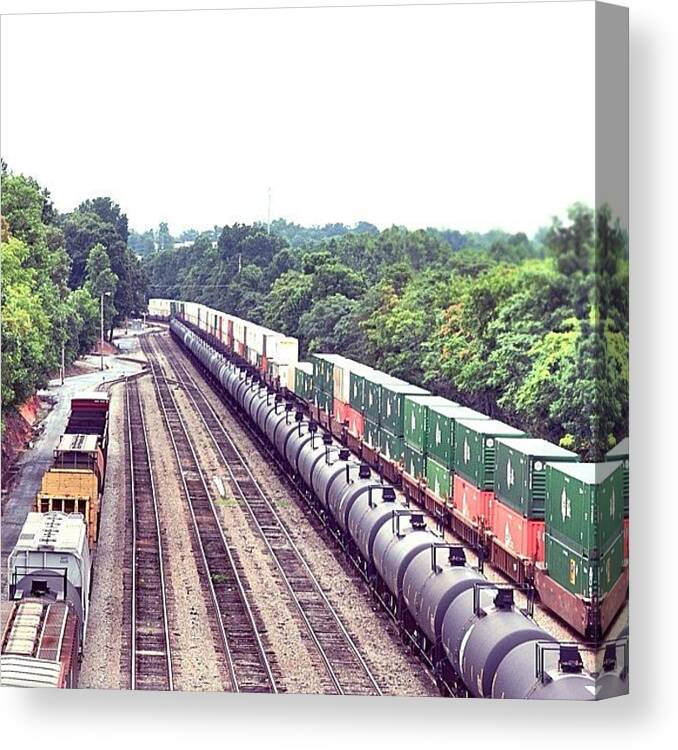 Containercars Canvas Print featuring the photograph #railroad #railway #trains #tracks by Kim Schumacher