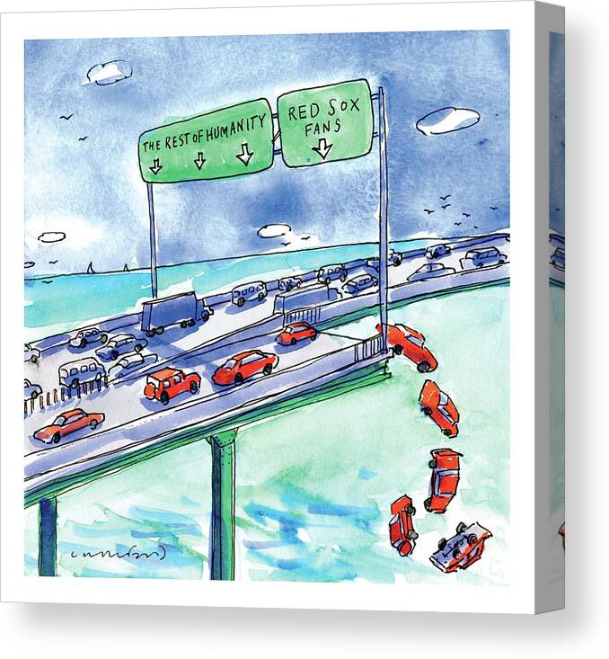 Red Sox Canvas Print featuring the drawing Red Cars Drop Off A Bridge Under A Sign That Says by Michael Crawford