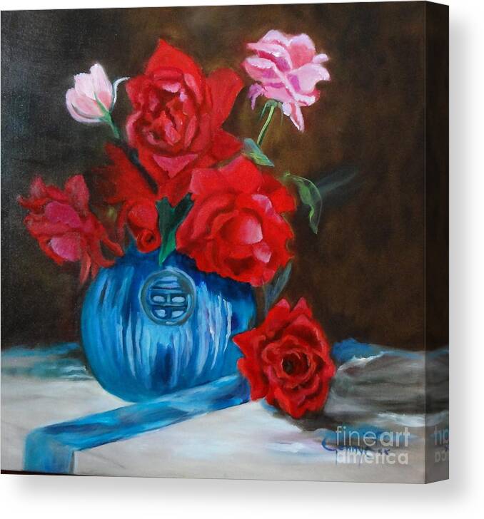 Asian Vase With Red Roses Print Canvas Print featuring the painting Red Roses and Blue Vase by Jenny Lee