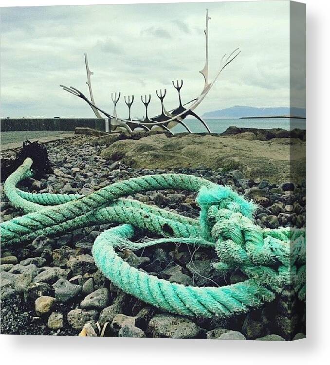 Mountains Canvas Print featuring the photograph #reykjavik #sculpture #boat #sunvoyager by Linandara Linandara