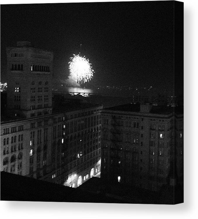 Usa Canvas Print featuring the photograph Rooftop View Of Fireworks Over Lake by Sarah Graf