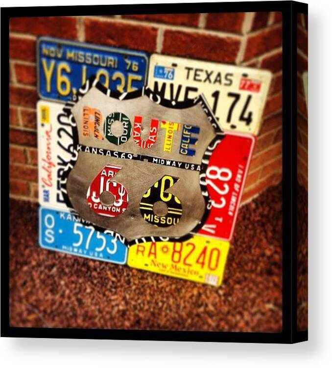  Canvas Print featuring the photograph Route 66 License Plate Sign - Hanging by Design Turnpike