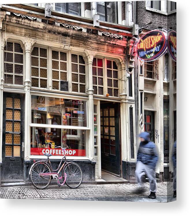 Stock Photo Canvas Print featuring the photograph Rushing Past The Amsterdam Kafe, Coffeshop Highway by Mick Flynn