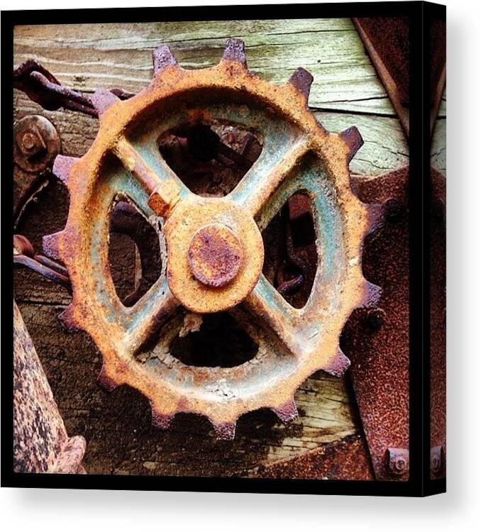 Farm Canvas Print featuring the photograph Rusted Notched Wheel by Rebecca Eilering