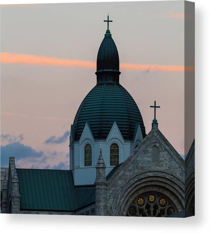 Architectural Features Canvas Print featuring the photograph Sacred Heart at Sundown by Ed Gleichman