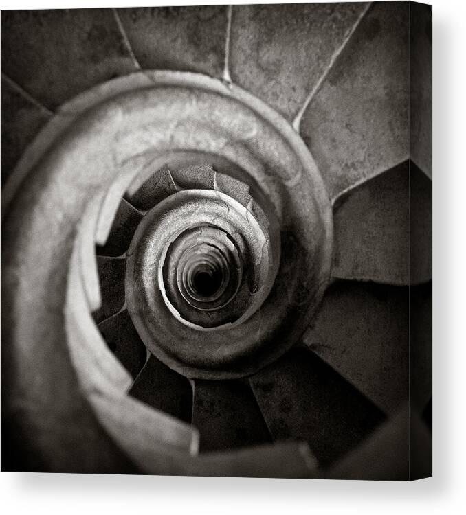 La Sagrada Familia Basilica Antoni Gaudi Spiral Steps Spiral Staircase Cathedral Architecture Barcelona Spiral Steps Stairs Stairway Stairwell Looking Down Landmark Famous Abstract Shapes Shell Design Catalonia Spain Stone Toned Gothic Church Holy Religion Staircase Tower Curve Perspective Snail Structure Swirl Geometric Circle Pattern View Sagrada Familia Down Floor Inside Turning Twisted Circular Old Monochrome Sepia Dave Bowman Photography Canvas Print featuring the photograph Sagrada Familia Steps by Dave Bowman