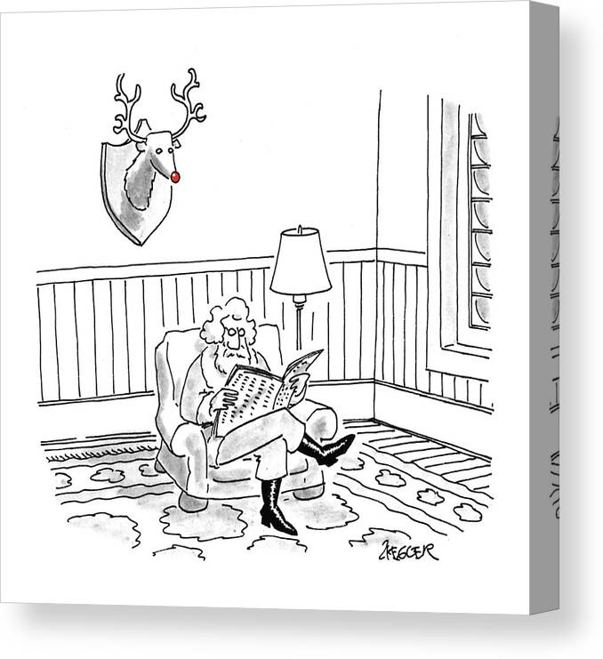 (santa Claus Sits Reading A Newspaper While Rudolph-the-red-nosed-reindeer's Head Hangs Like A Hunting Trophy On The Wall Behind Him)
Holidays Canvas Print featuring the drawing Santa Claus Sits Reading A Newspaper by Jack Ziegler