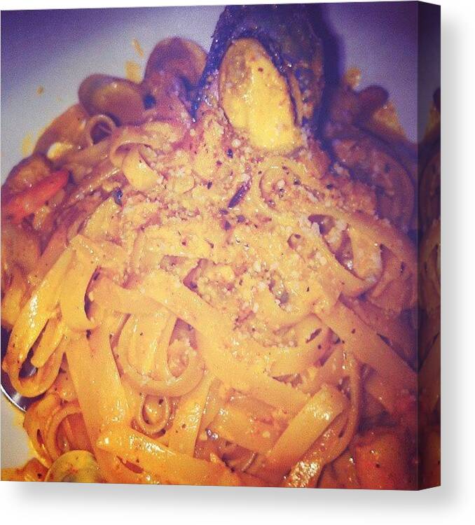 Pasta Canvas Print featuring the photograph Seafood Spaghetti With Curry Sauce by William Chung