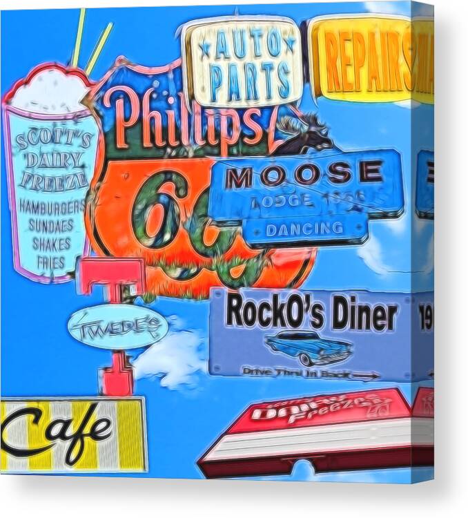 Phillips 66 Canvas Print featuring the digital art Signs in and around NOrth Bend by Cathy Anderson