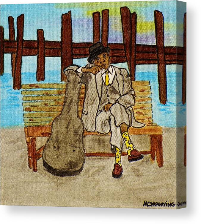 Jazz Player Sitting On The Docks Canvas Print featuring the painting Sitting On The Dock Of The Bay by Celeste Manning