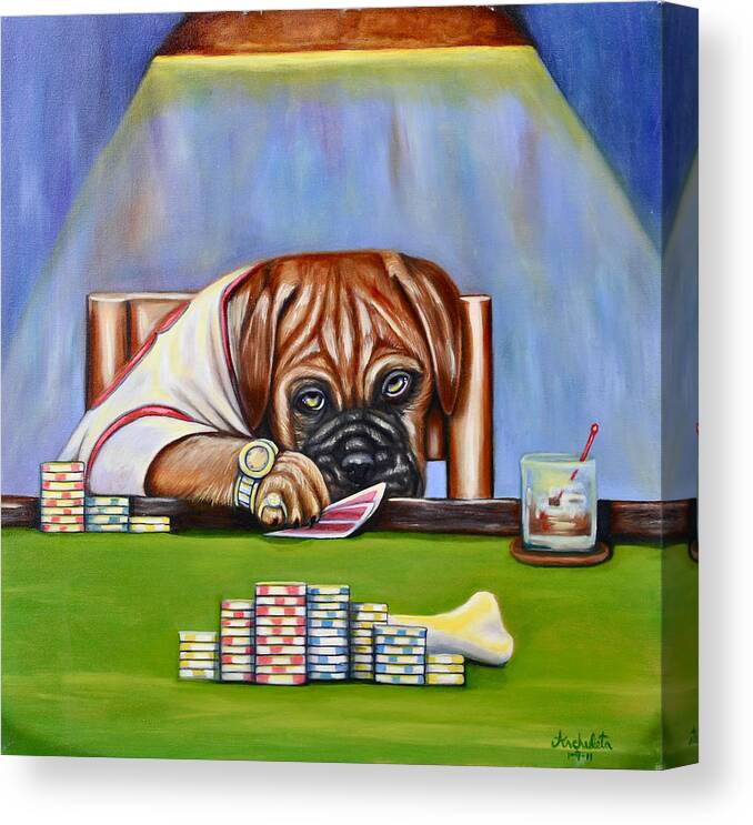 Play Your Cards Right Canvas Print featuring the painting Sneaky Dog by Ruben Archuleta - Art Gallery