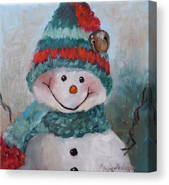 Snowman Canvas Print featuring the painting Snowman III - Christmas Series by Cheri Wollenberg